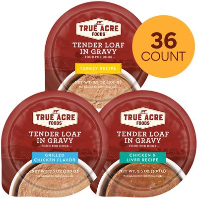 Paquete variado: Comida húmeda para perros True Acre Foods Tender Loaf in Gravy, con sabor a pollo e hígado, pavo y pollo a la parrilla, 3.5 oz (36 unidades)