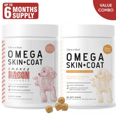Omega Skin + Coat - Suplemento masticable suave con sabor a tocino ahumado y mantequilla de cacahuete para perros (360 unidades)