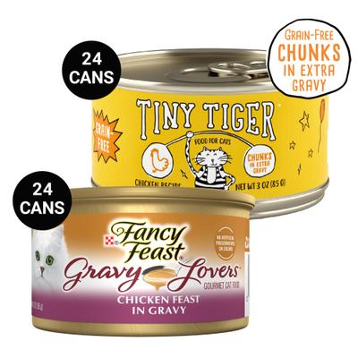 Bundle: Tiny Tiger Chunks in EXTRA Gravy Chicken Recipe Grain-Free Canned Food + Fancy Feast Gravy Lovers Chicken Feast in Grilled Chicken Flavor Gravy Canned Cat Food