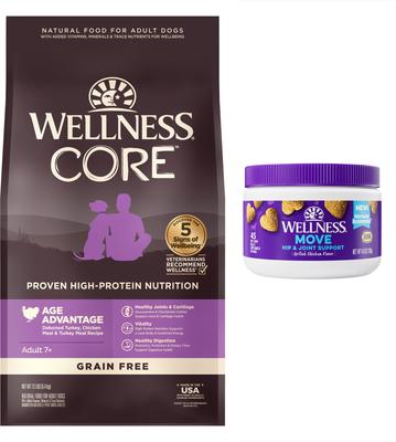 Paquete: Suplementos masticables Wellness Move para cadera y articulaciones con sabor a pollo + Alimento seco para perros CORE Senior con receta de pavo deshuesado