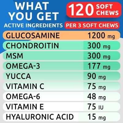 Advanced Glucosamine Chondroitin Chews Hip & Joint with Omega 3 & Fish Oil Supplement for Senior Dogs, 120 count