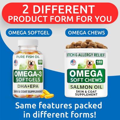 Omega 3 Fish Oil Pills & Skin & Coat Supports Joints Brain Heart & Overall Health Supplement for Dogs, 180 count