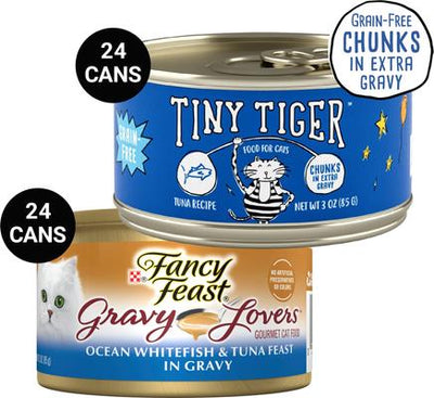 Bundle: Tiny Tiger Chunks in EXTRA Gravy Tuna Recipe Grain-Free Canned Cat Food, 3-oz, case of 24 + Fancy Feast Gravy Lovers Ocean Whitefish & Tuna Feast in Sauteed Seafood Flavor Gravy Canned Cat Food, 3-oz, case of 24