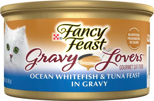 Bundle: Tiny Tiger Chunks in EXTRA Gravy Tuna Recipe Grain-Free Canned Cat Food, 3-oz, case of 24 + Fancy Feast Gravy Lovers Ocean Whitefish & Tuna Feast in Sauteed Seafood Flavor Gravy Canned Cat Food, 3-oz, case of 24