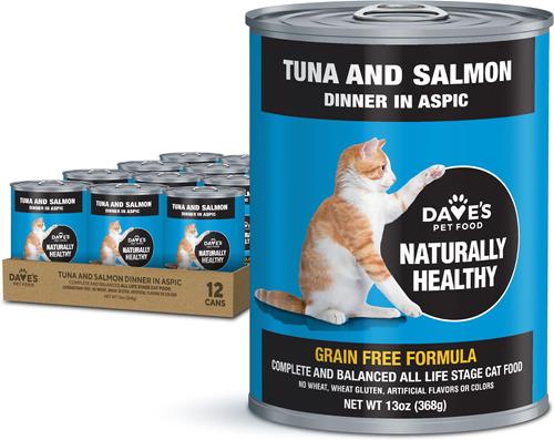 Naturally Healthy, Grain-Free Tuna & Salmon Dinner in Aspic Canned Wet Cat Food, 13-oz, case of 12