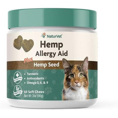 NaturVet, Allergy Aid with Hemp Seed, masticables para alergias de gatos con omegas y cáñamo, sabor salmón y tocino, 60 unidades