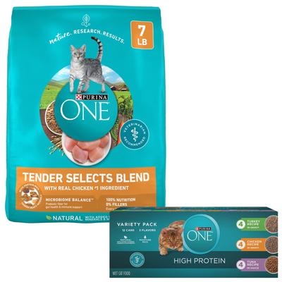 Bundle: Purina ONE Tender Selects Blend with Real Chicken Dry Food + True Instinct Turkey, Chicken & Tuna Variety Pack Canned Cat Food