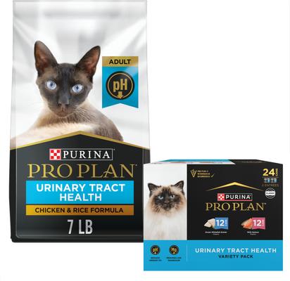 Bundle: Purina Pro Plan Focus Adult Urinary Tract Health Formula Dry Food+ Seafood Favorites Variety Pack Canned Cat Food