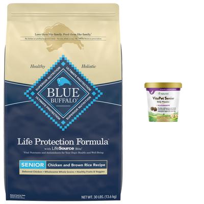 Paquete: Multivitamínico masticable suave de glucosamina NaturVet VitaPet Senior Plus para perros + Alimento seco Blue Buffalo Life Protection Formula Senior con pollo y arroz integral