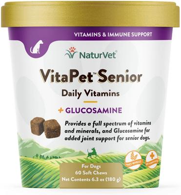 Paquete: Multivitamínico masticable suave de glucosamina NaturVet VitaPet Senior Plus para perros + Alimento seco Blue Buffalo Life Protection Formula Senior con pollo y arroz integral