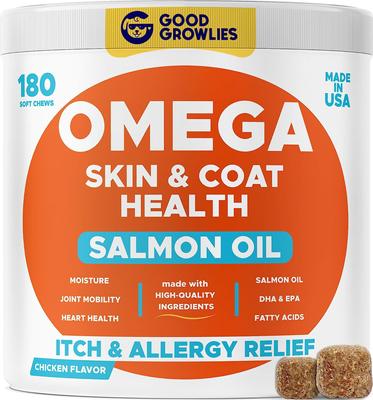 Allergy Relief & Itch Relief with Omega 3 Skin & Coat with Alaskan Fish Oil Chew Supplement for Dogs, 180 count