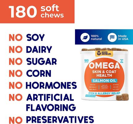 Allergy Relief & Itch Relief with Omega 3 Skin & Coat with Alaskan Fish Oil Chew Supplement for Dogs, 180 count