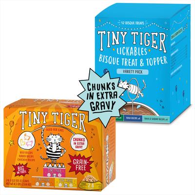 Bundle: Tiny Tiger Chunks in EXTRA Gravy Beef & Poultry Variety Pack Canned Food + Lickables Variety Pack Bisque Cat Treat & Topper