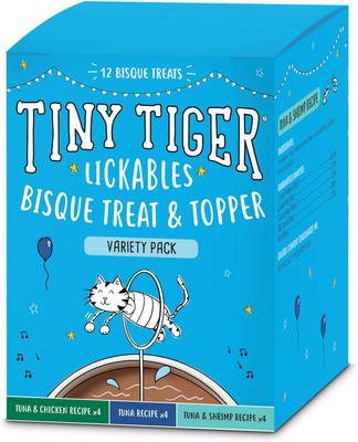 Bundle: Tiny Tiger Chunks in EXTRA Gravy Beef & Poultry Variety Pack Canned Food + Lickables Variety Pack Bisque Cat Treat & Topper