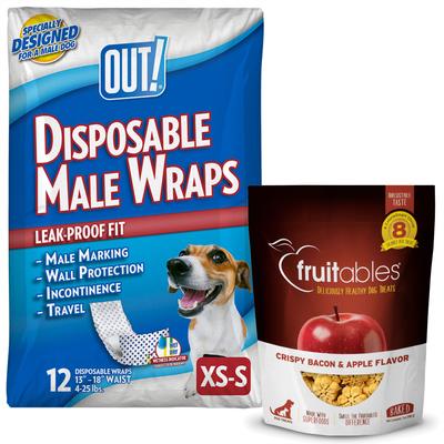 Bundle: OUT! Disposable Male Dog Wraps, Extra Small/Small: 13 to 18-in waist, 12 count + Fruitables Crispy Bacon & Apple Flavor Dog Treats