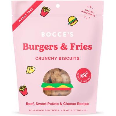 Hamburguesas y papas fritas, premios para perros con carne, batatas y queso, bolsa de 5 oz