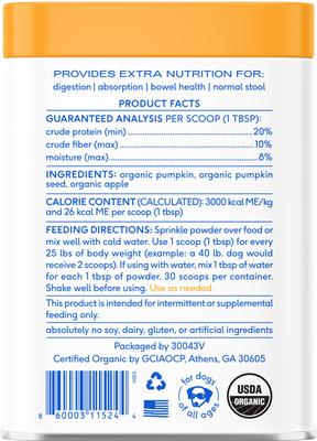 Organic Pumpkin Fiber Powder Digestive Supplement for Dogs, 8-oz