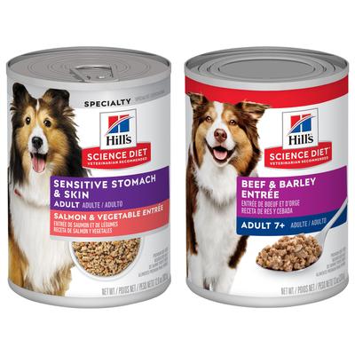 Bundle: Hill's Science Diet 7+ Beef & Barley Entree + Sensitive Stomach & Skin Salmon & Vegetable Entree Canned Dog Food