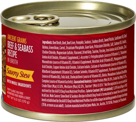 Ancient Grain Savory Stew Puppy & Adult Beef & Seabass Wet Dog Food, 6-oz can, 8 count