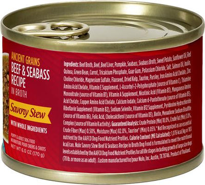 Ancient Grain Savory Stew Puppy & Adult Beef & Seabass Wet Dog Food, 6-oz can, 8 count