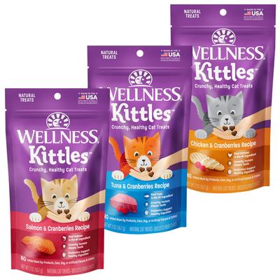 Bundle: Variety Pack - Wellness Kittles Natural Grain-Free Chicken & Cranberries Crunchy Cat Treats, 2-oz bag, Tuna & Cranberries & Salmon & Cranberries Flavors