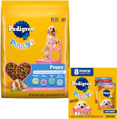 Paquete: Alimento seco Pedigree Puppy Growth & Protection con sabor a pollo y vegetales + Paquete variado de bocados para cachorros en salsa con carne de res y pollo en bolsitas de alimento húmedo para perros