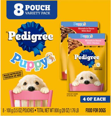 Paquete: Alimento seco Pedigree Puppy Growth & Protection con sabor a pollo y vegetales + Paquete variado de bocados para cachorros en salsa con carne de res y pollo en bolsitas de alimento húmedo para perros