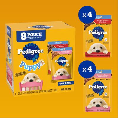 Paquete: Alimento seco Pedigree Puppy Growth & Protection con sabor a pollo y vegetales + Paquete variado de bocados para cachorros en salsa con carne de res y pollo en bolsitas de alimento húmedo para perros