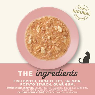 Comida húmeda enlatada para gatos con atún y salmón en salsa, ingredientes limitados, lata de 2.47 oz, caja de 24