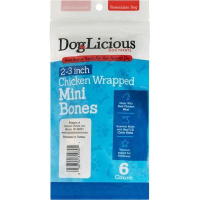 Mini-huesos de cuero crudo envueltos en pollo DogLicious de 2-3 pulgadas, 6 unidades