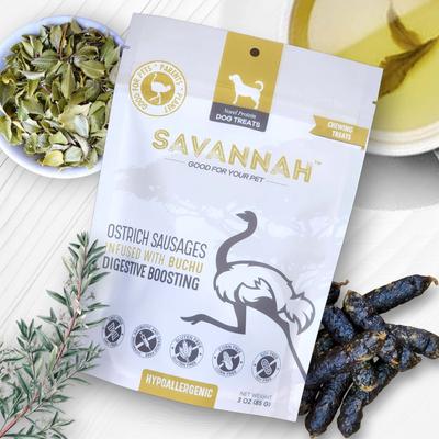 Hypoallergenic Digestive Boosting Buchu Ostrich Sausages Dog Treats, 3-oz pouch