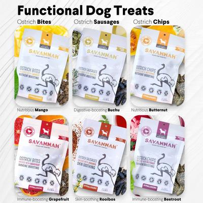 Hypoallergenic Digestive Boosting Buchu Ostrich Sausages Dog Treats, 3-oz pouch