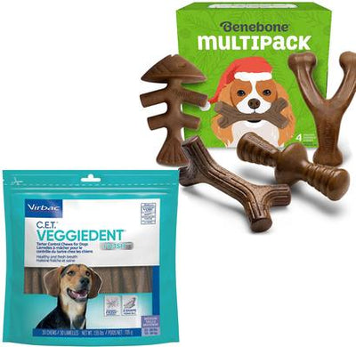 Bundle: Virbac C.E.T. VeggieDent Fr3sh Tartar Control Chews + Benebone Multipack Durable Chew Toy for Dogs