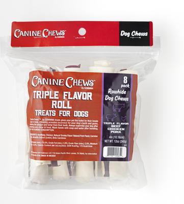 4-inch Triple Roll Chicken, Beef, & Pork Flavored Rawhide Dog Chews, 8 count