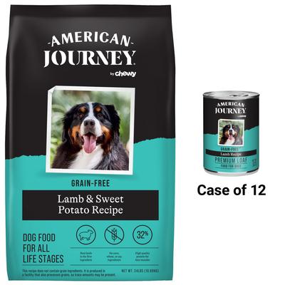 Paquete: Comida enlatada American Journey con receta de cordero + Comida seca para perros con receta de cordero y batata