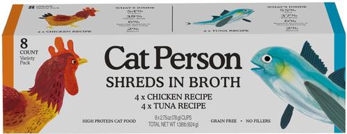 Cat Person by Weruva Shredded Chicken & Tuna in Broth Variety Pack Grain-Free Wet Cat Food, 2.75-oz cup, case of 8