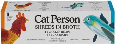 Cat Person by Weruva Shredded Chicken & Tuna in Broth Variety Pack Grain-Free Wet Cat Food, 2.75-oz cup, case of 8