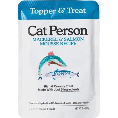 Cat Person by Weruva Mackerel & Salmon Mousse Grain-Free Wet Cat Food Topper, bolsa de 3 oz, caja de 4