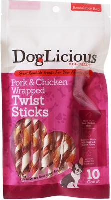 DogLicious Chicken & Pork Wrapped Twist Rawhide Sticks Dog Treats, 10 count