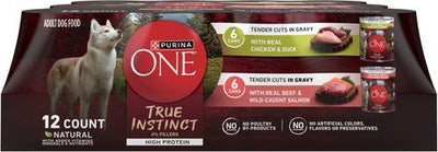 True Instinct Variety Pack High Protein Tender Cuts in Gravy Chicken & Duck, Beef & Salmon Wet Dog Food, 13-oz can, case of 12