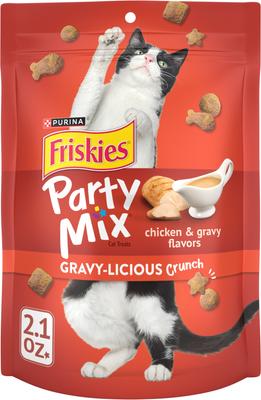 Deliciosas golosinas crujientes para gatos con sabor a pollo y salsa Party Mix, bolsa de 2.1 oz
