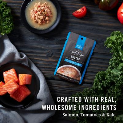 Landmark Broths Salmon, Tomatoes & Kale Recipe Wet Cat Food Complement Pouches, 1.4-oz case of 16