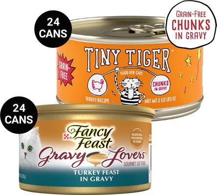 Bundle: Tiny Tiger Chunks in Gravy Turkey Recipe Grain-Free Canned Cat Food, 3-oz, case of 24 + Fancy Feast Gravy Lovers Turkey Feast in Roasted Turkey Flavor Gravy Canned Cat Food, 3-oz, case of 24