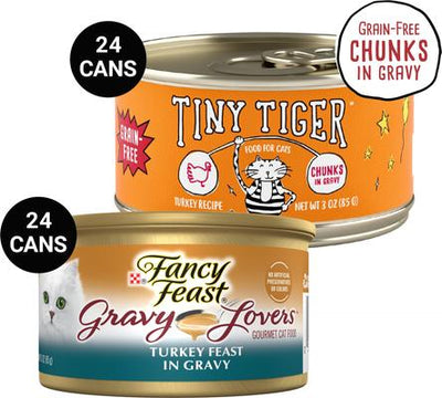 Bundle: Tiny Tiger Chunks in Gravy Turkey Recipe Grain-Free Canned Cat Food, 3-oz, case of 24 + Fancy Feast Gravy Lovers Turkey Feast in Roasted Turkey Flavor Gravy Canned Cat Food, 3-oz, case of 24
