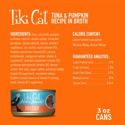 Aloha Friends Tuna & Pumpkin Recipe in Broth Grain-Free Wet Cat Food, 3-oz can, case of 12
