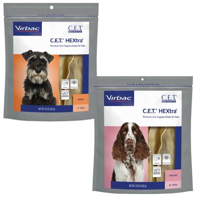 Paquete: Virbac C.E.T. HEXtra para perros medianos + Masticables dentales para perros grandes