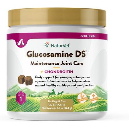 NaturVet, Maintenance Joint Care Glucosamine DS, glucosamina, condroitina y omegas para articulaciones de perros y gatos, tabletas y masticables, 60–240 unidades