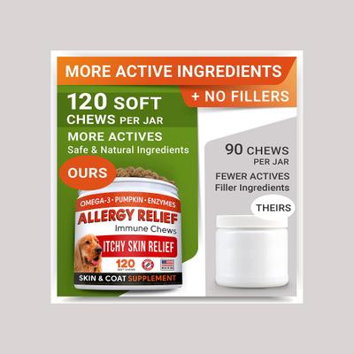 Alivio de alergias y picazón con suplemento masticable de aceite de pescado Omega 3 para piel y pelaje de perros, 120 unidades