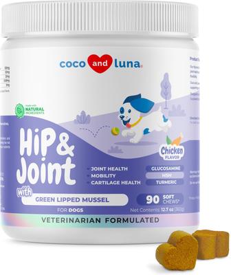 Coco and Luna Green Lipped Mussel, Glucosamine, MSM & Turmeric Soft Chew Hip & Joint Supplement for Dogs, 90 count