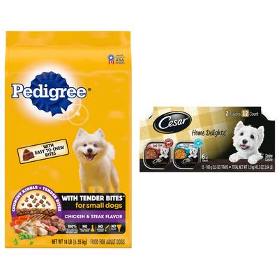 Paquete: Bandejas de comida variadas Cesar Home Delights Slow Cooked Chicken & Vegetables & Beef Stew + Alimento seco para perros Pedigree Tender Bites Complete Nutrition Chicken & Steak Flavor